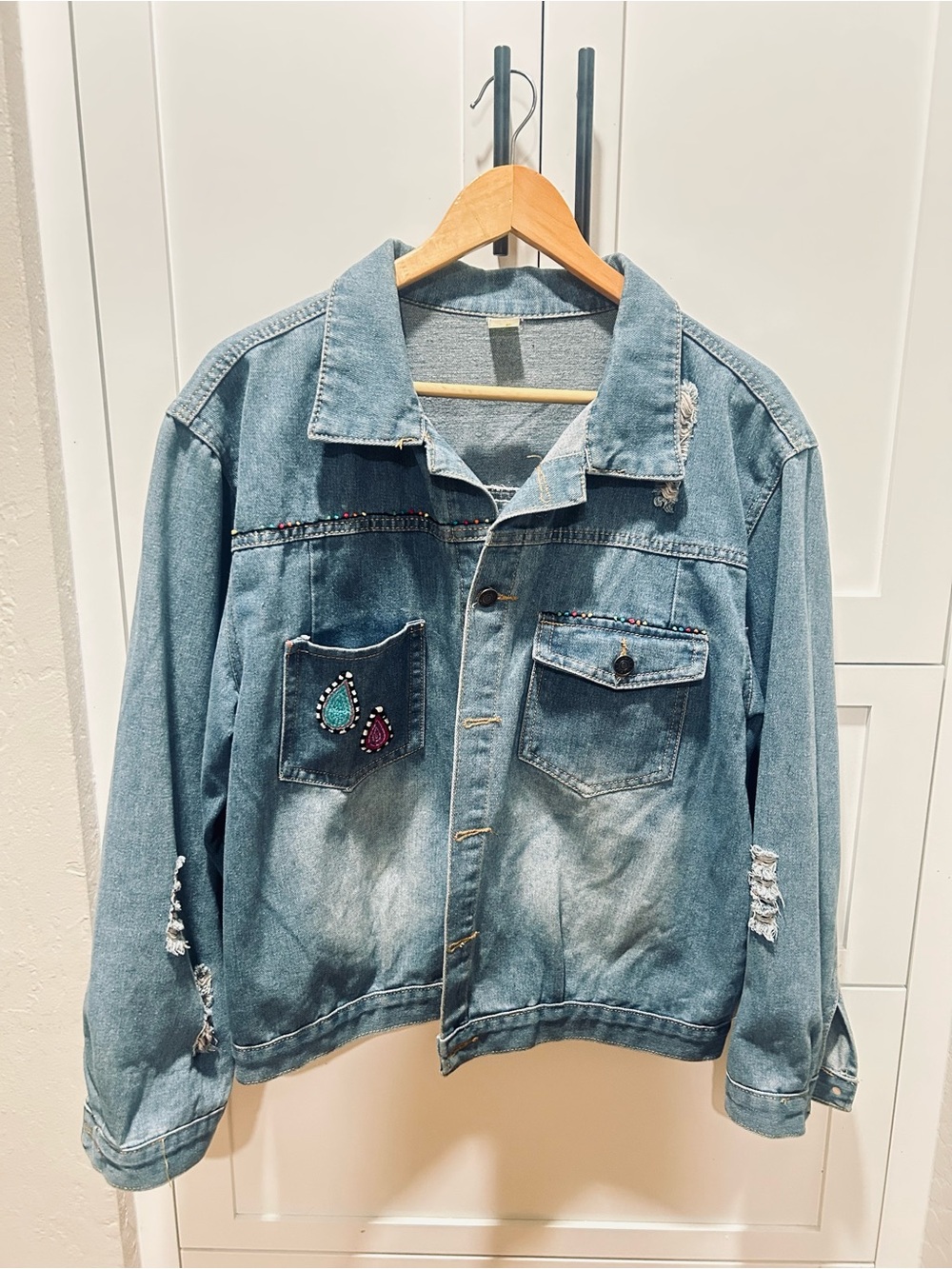 Embellished Light Wash Denim Jacket with Rhinestone Teardrops